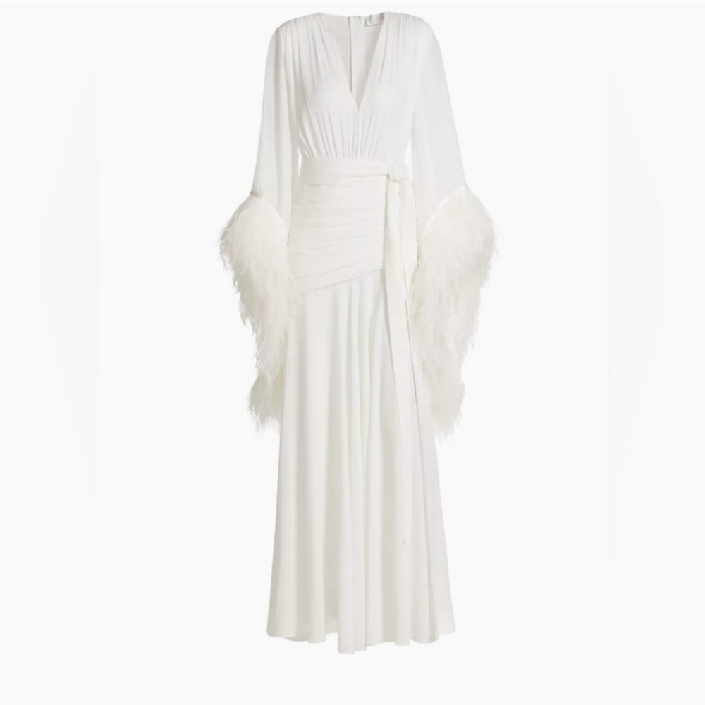 BRONX & BANCO WHITE MAX DRESS FEATHERED SLEEVES! Wedding! Party! Bachelorette!